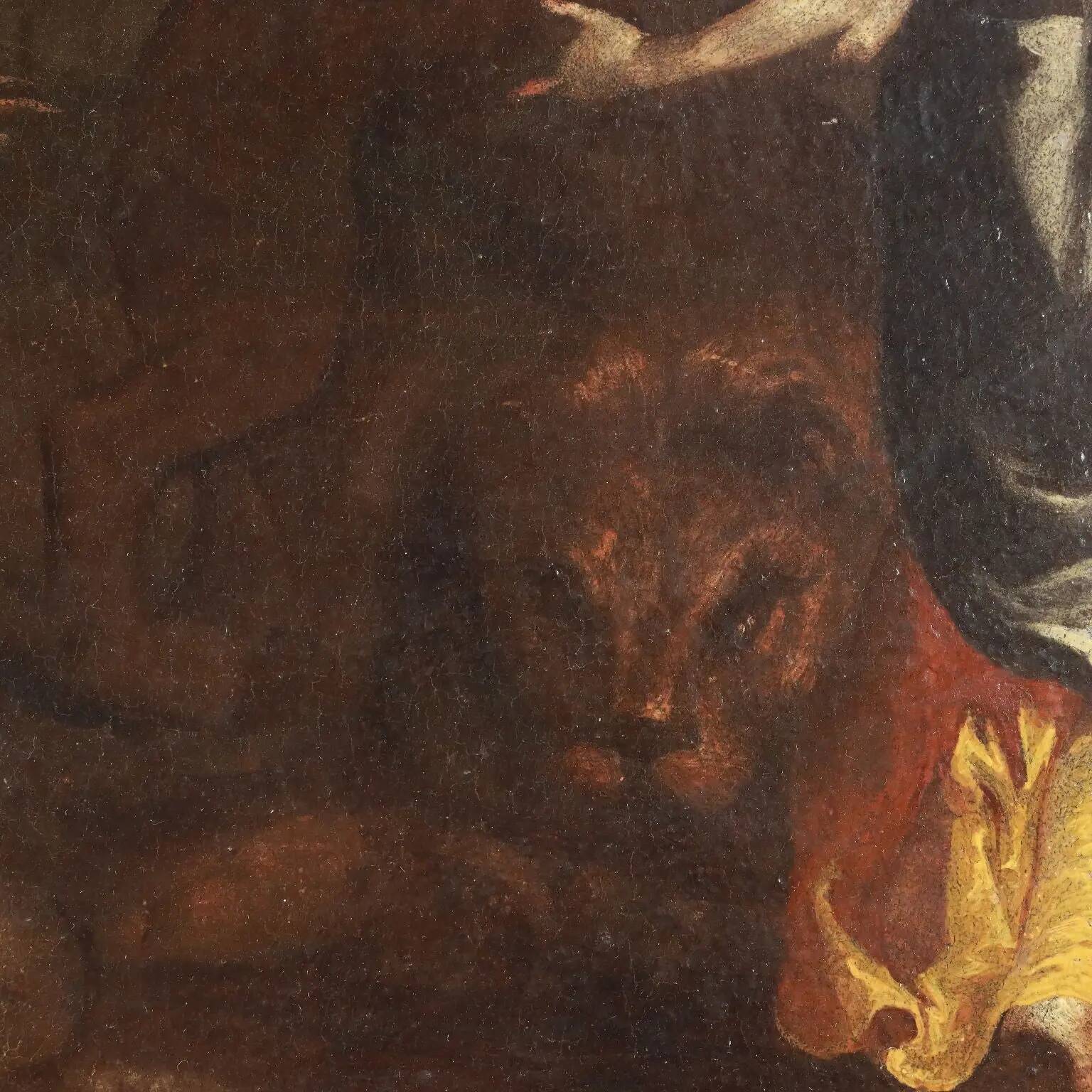 Painting of Daniel in the lion's den, oil on canvas, 17th century.