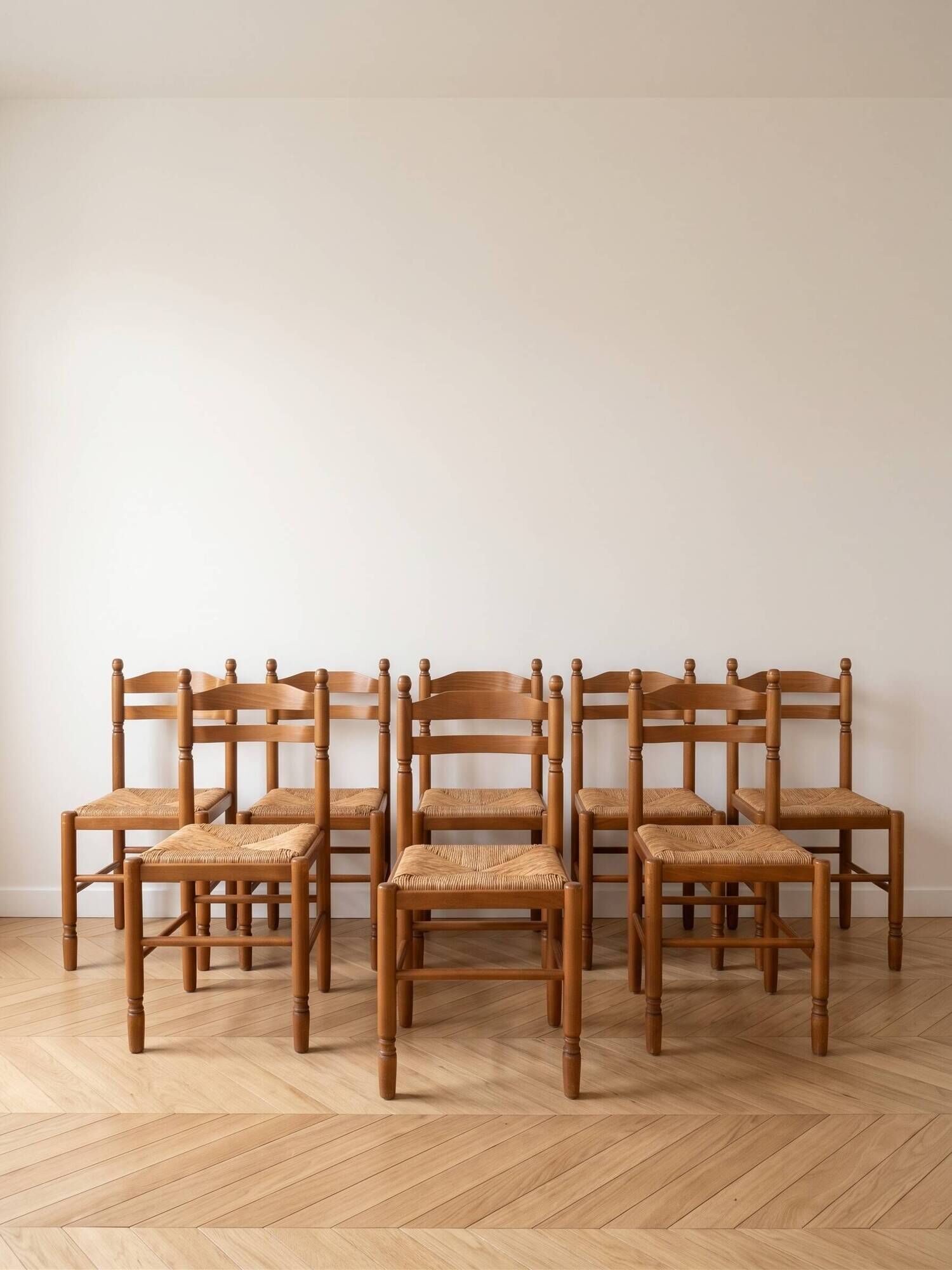 Set of 8 vintage wooden chairs with rush seats.