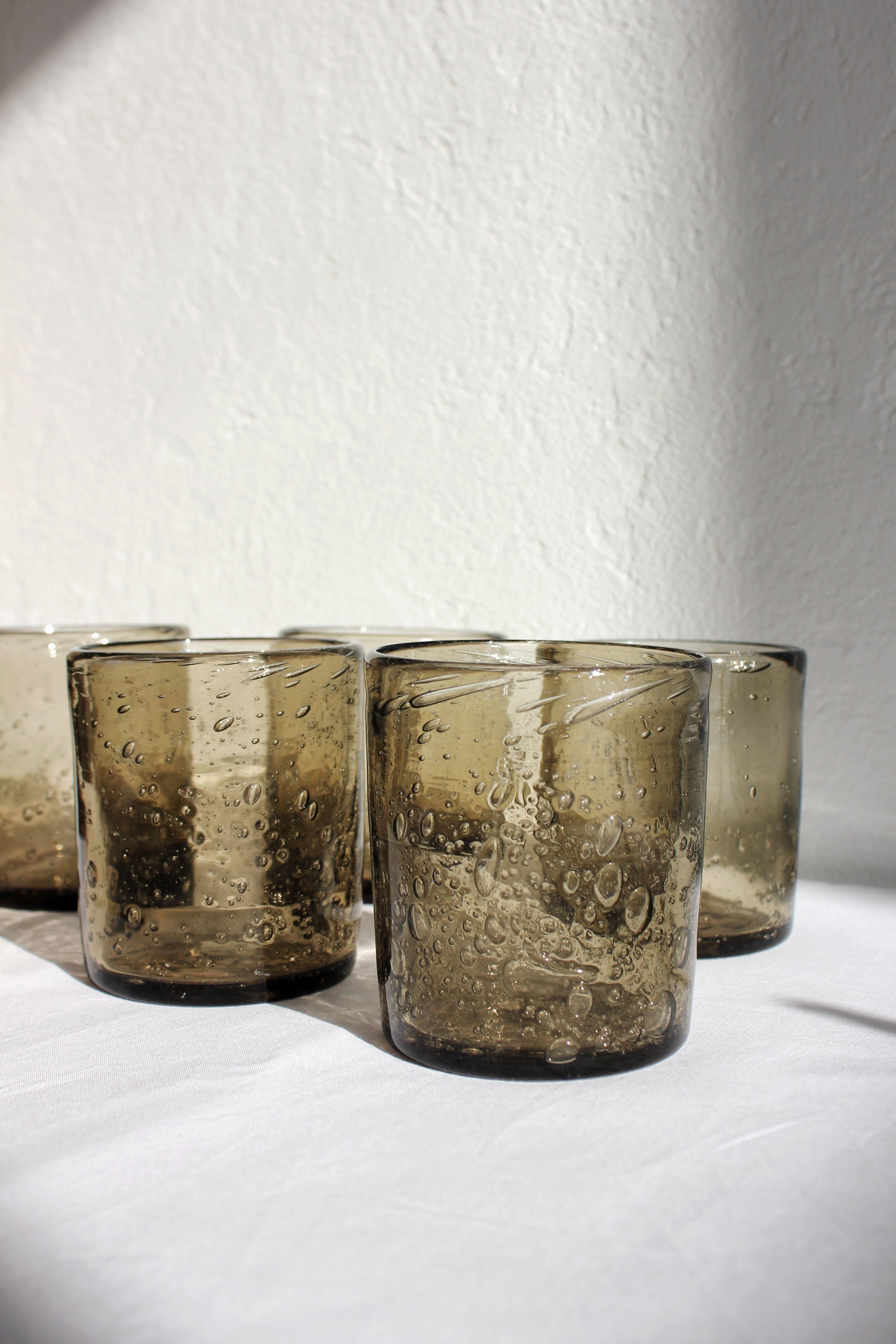5 vintage water glasses in smoked bubbled glass
