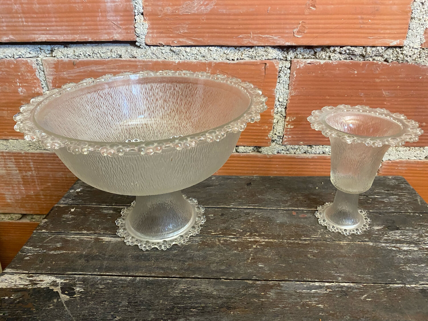 Masserini barocco fruit bowl pair moulded glass bead row vintage