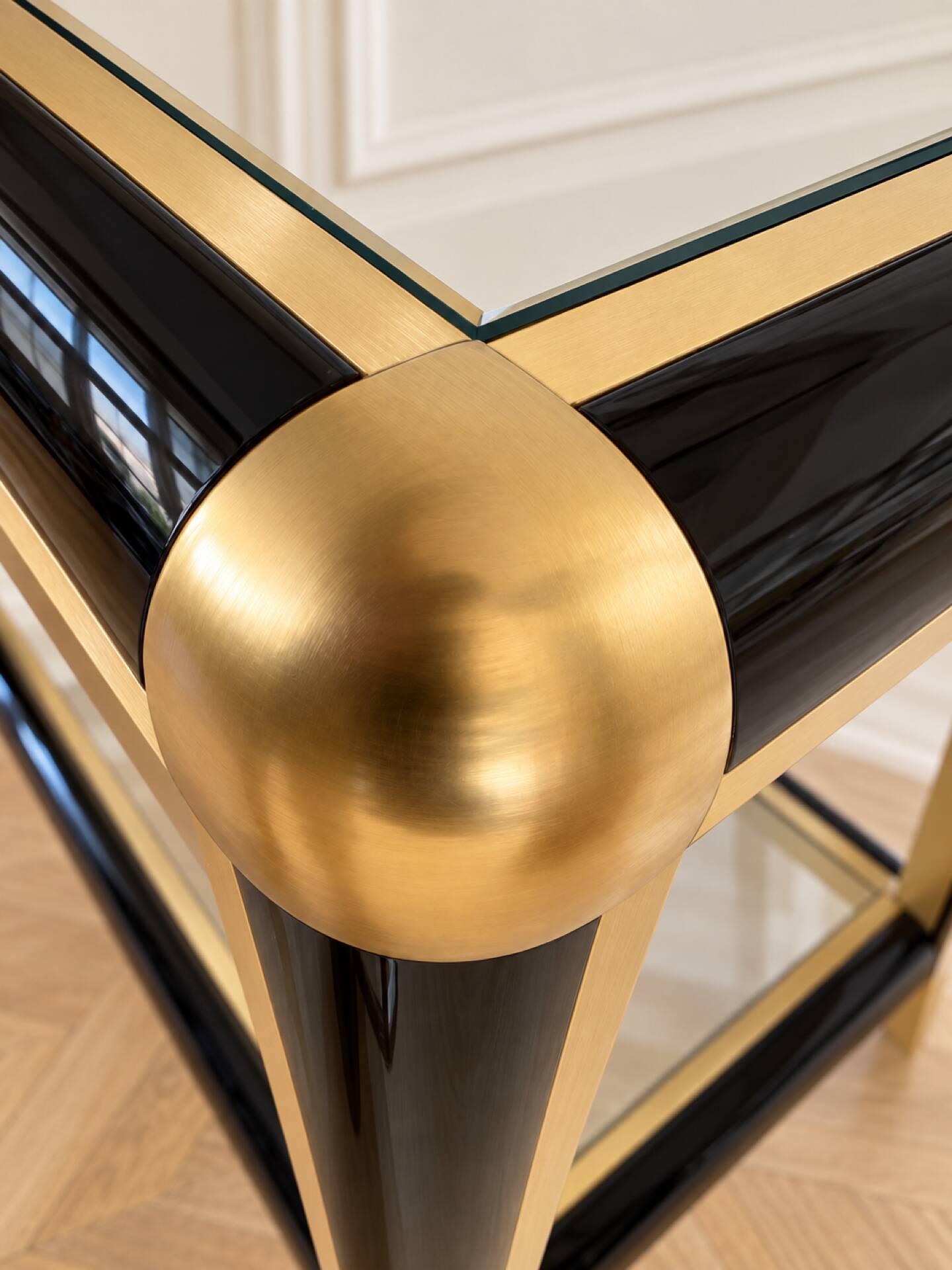Vintage black and gold console with two glass shelves – 70s/80s