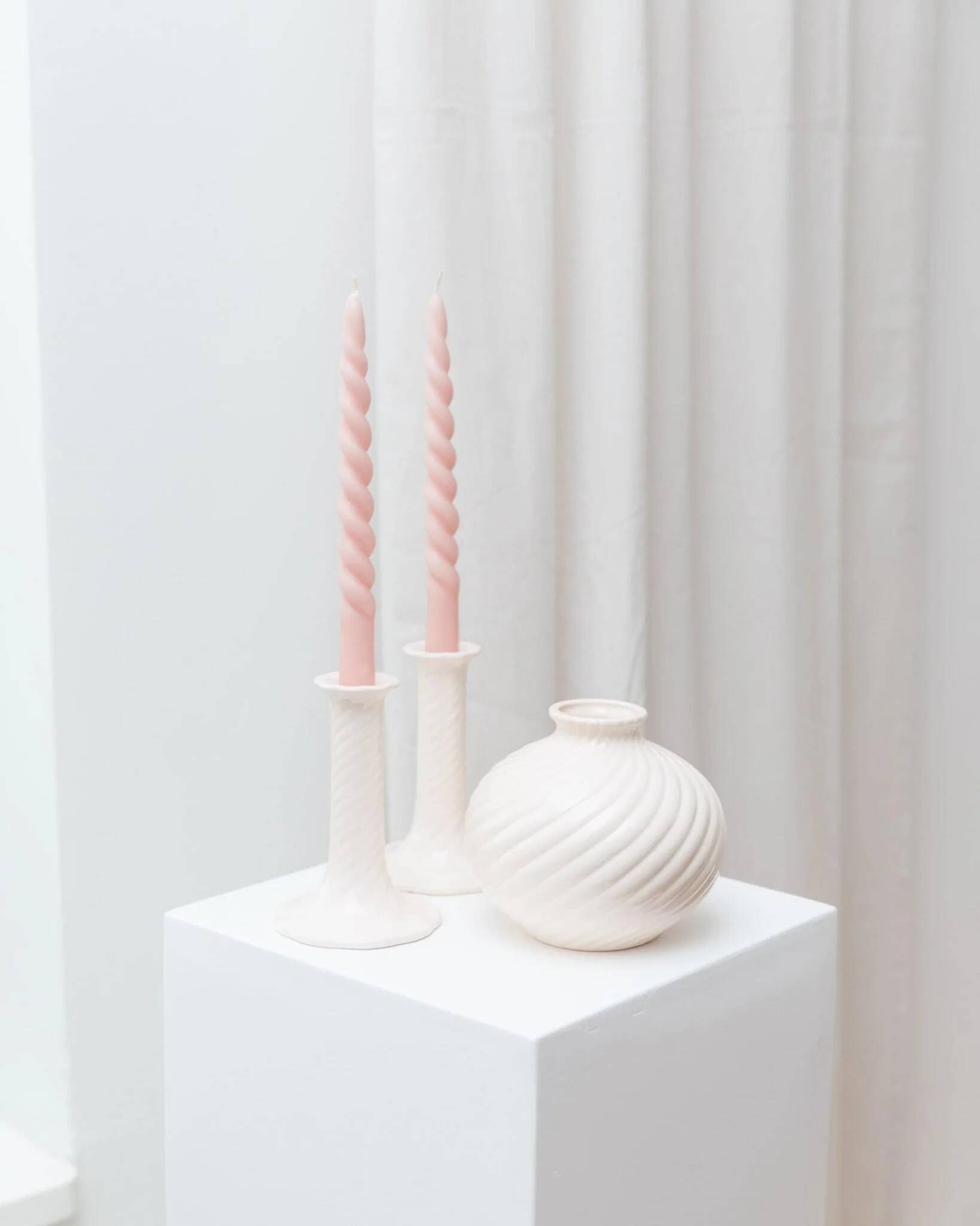 Cream ceramic mid-century set: two candle holders and a vase with white glaze, 1970s design