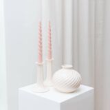 Cream ceramic mid-century set: two candle holders and a vase with white glaze, 1970s design