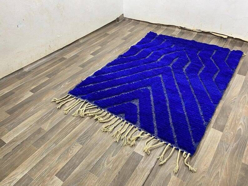Tapis en laine pure fait main sur mesure traditionnelle bleu 1,5/2,5 m