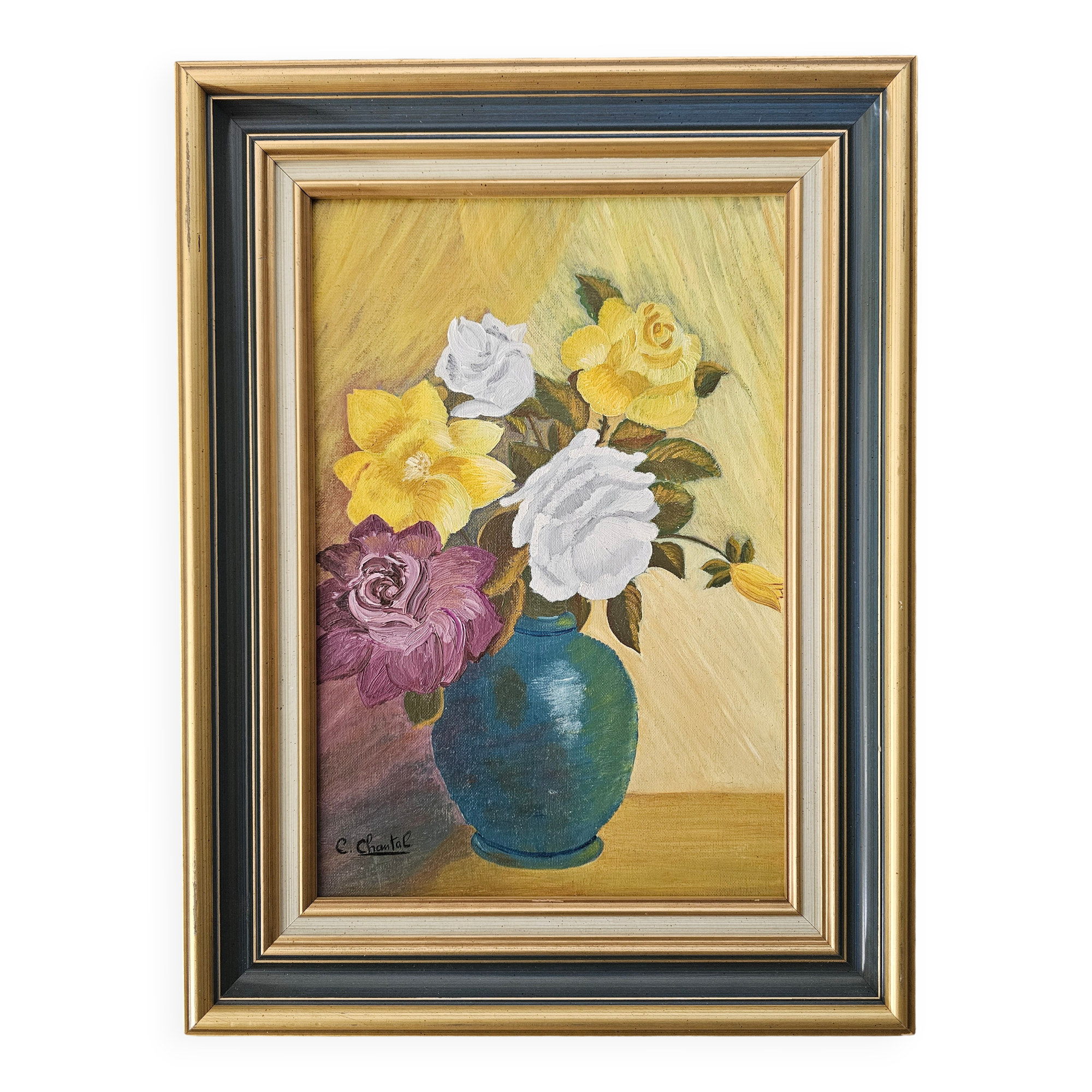 Oil on Canvas Board - Bouquet of Roses Signed Chantal Cogniard