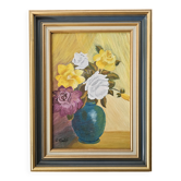 Oil on Canvas Board - Bouquet of Roses Signed Chantal Cogniard