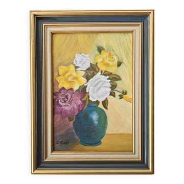 Oil on Canvas Board - Bouquet of Roses Signed Chantal Cogniard