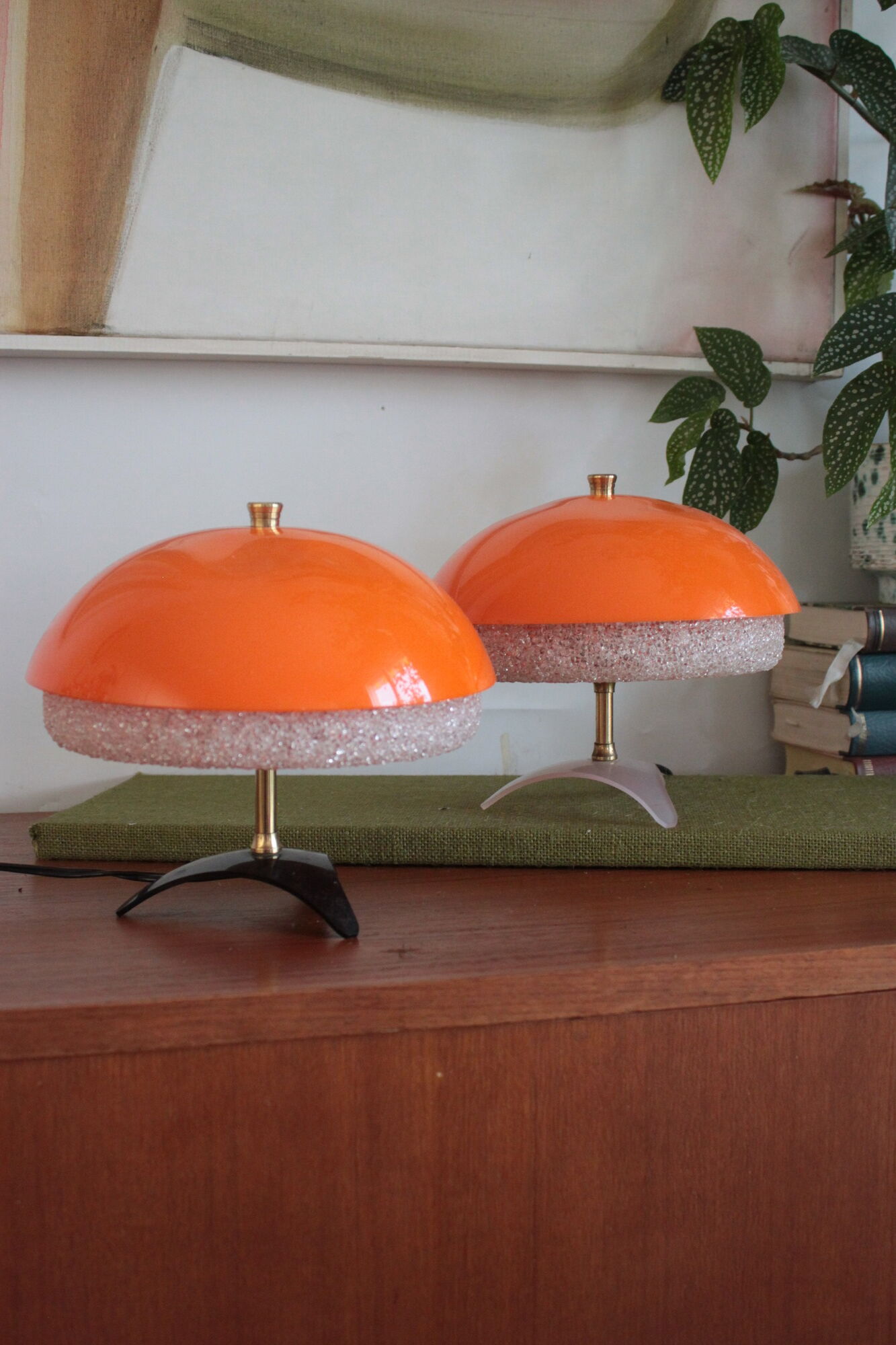 Pair of Philips 1960 mushroom bedside lamp, granite and orange vintage perspex