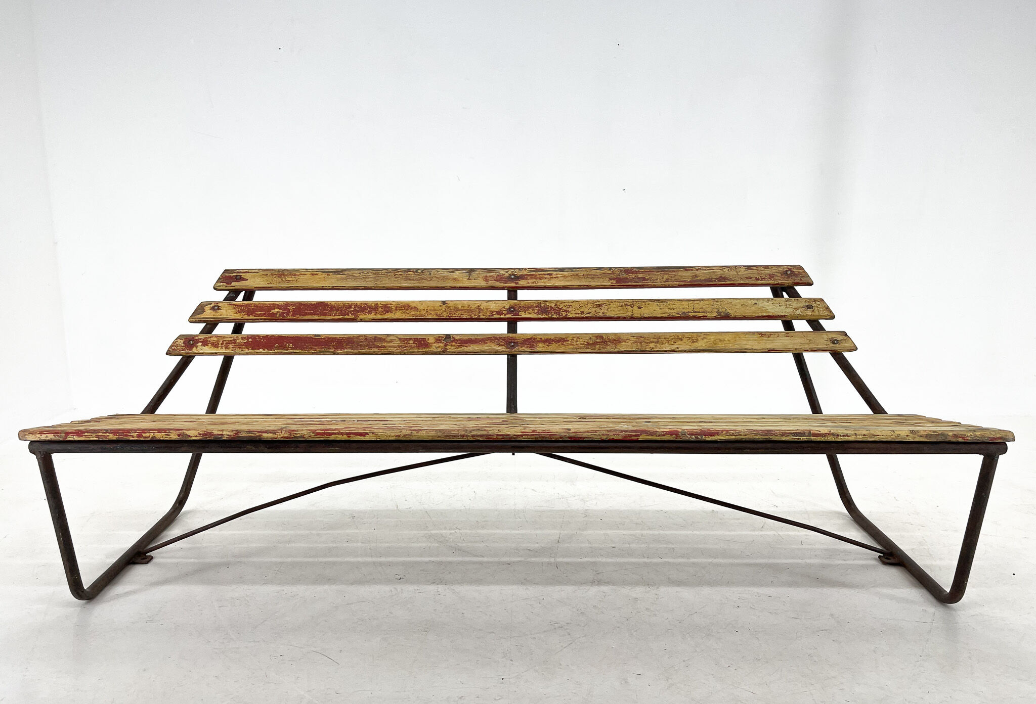 Vintage Industrial Slatted Bench with Original Patina