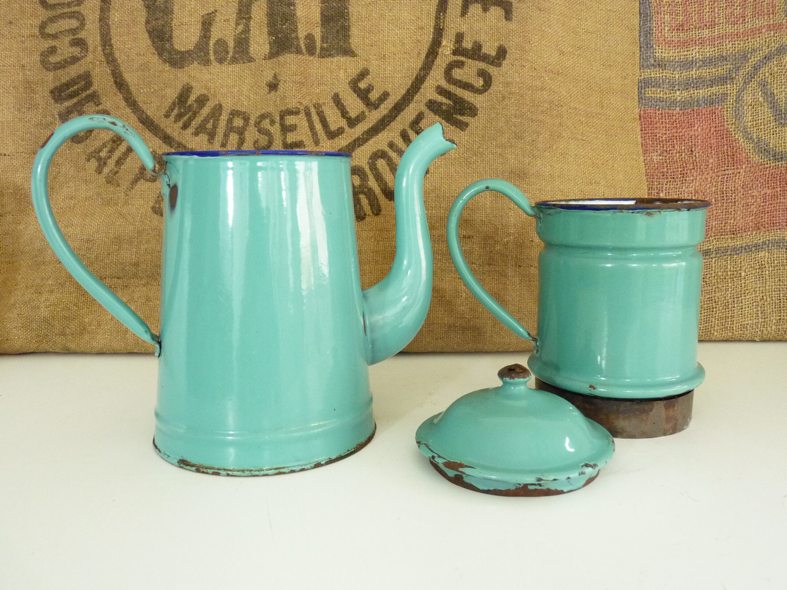 Old coffee maker in pastel blue enamelled sheet