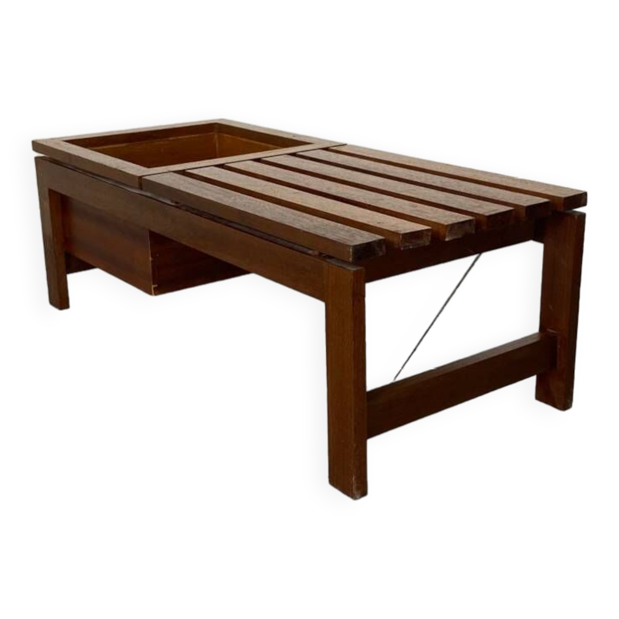 Table d'appoint mid-century moderne à lattes en teck avec support pour plantes, 1960s