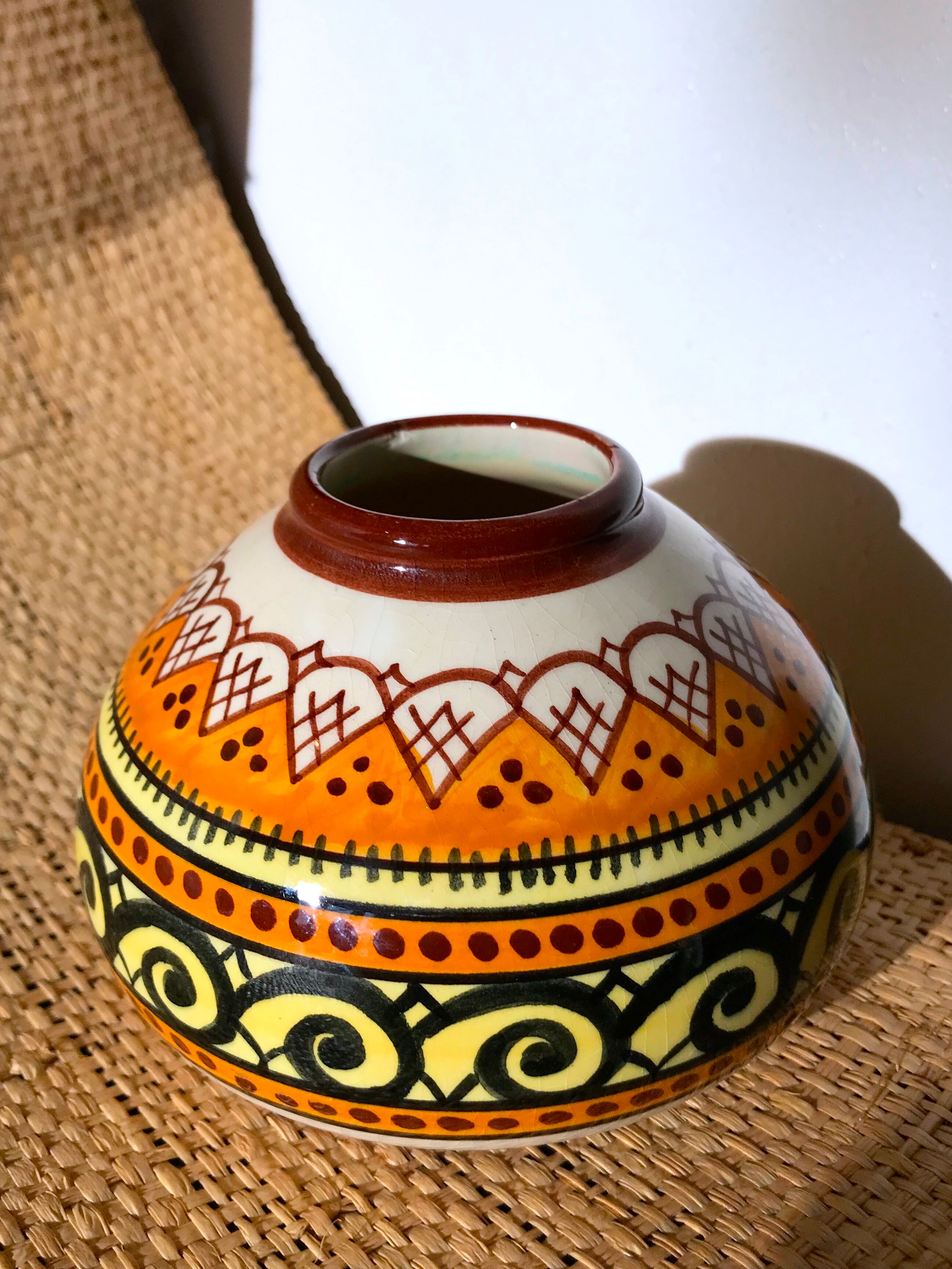 Quimper Henriot spinning top ball vase vintage soliflore art deco 1930 1940 celtic patterns orange black