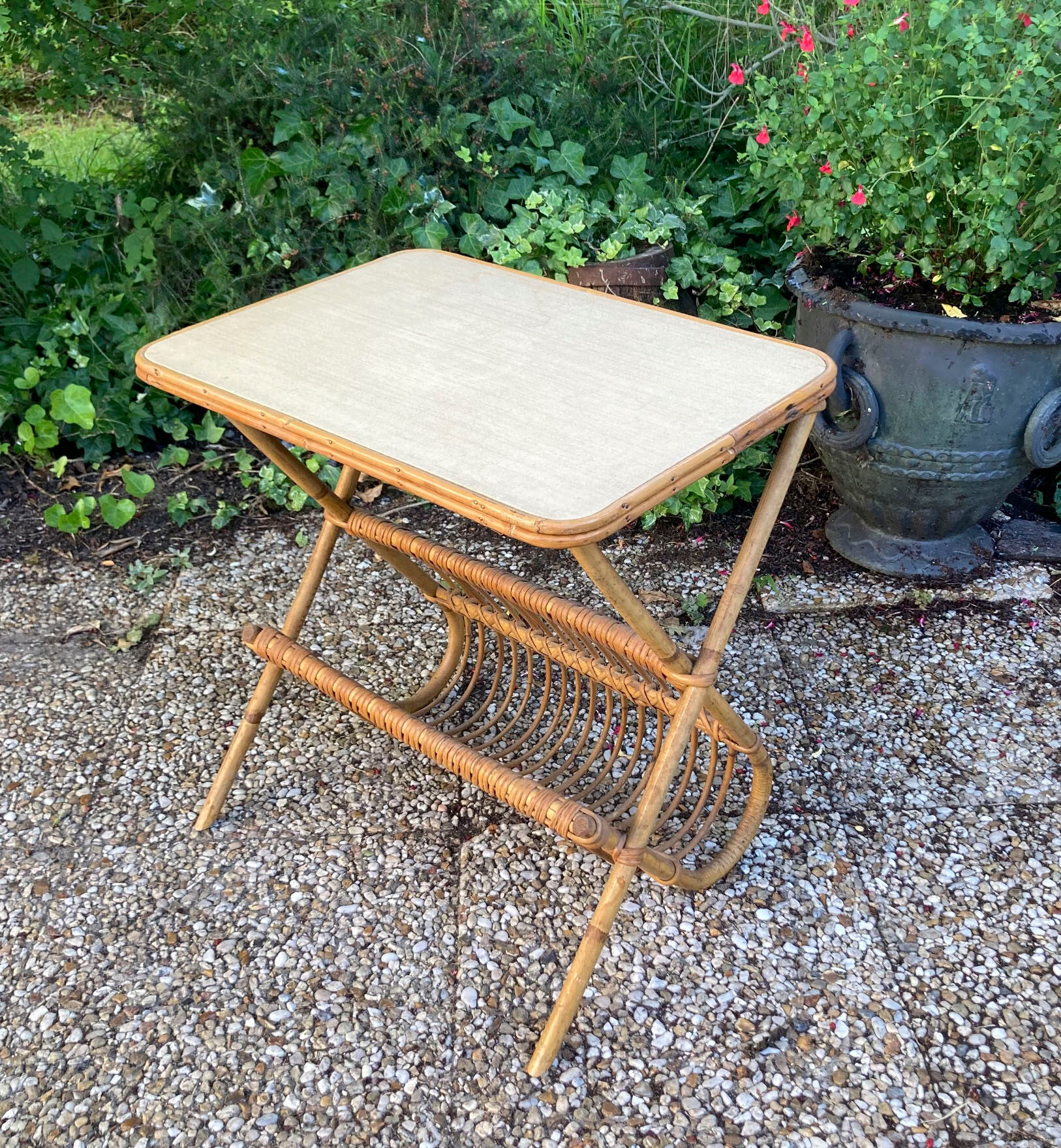 Vintage rattan magazine holder table