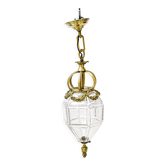 Golden conical lantern with bevelled facet glass, antique white from the 19th century.