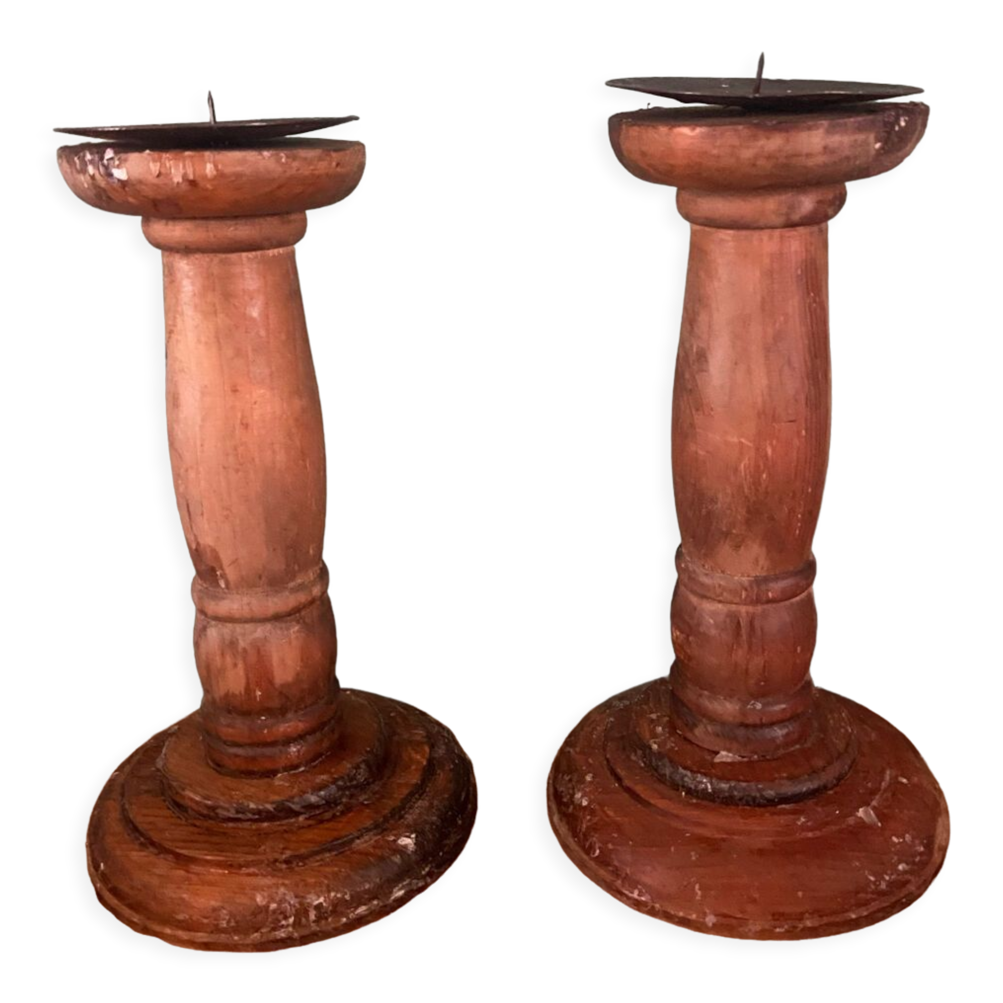 Paire de bougeoirs en bois tourné vintage