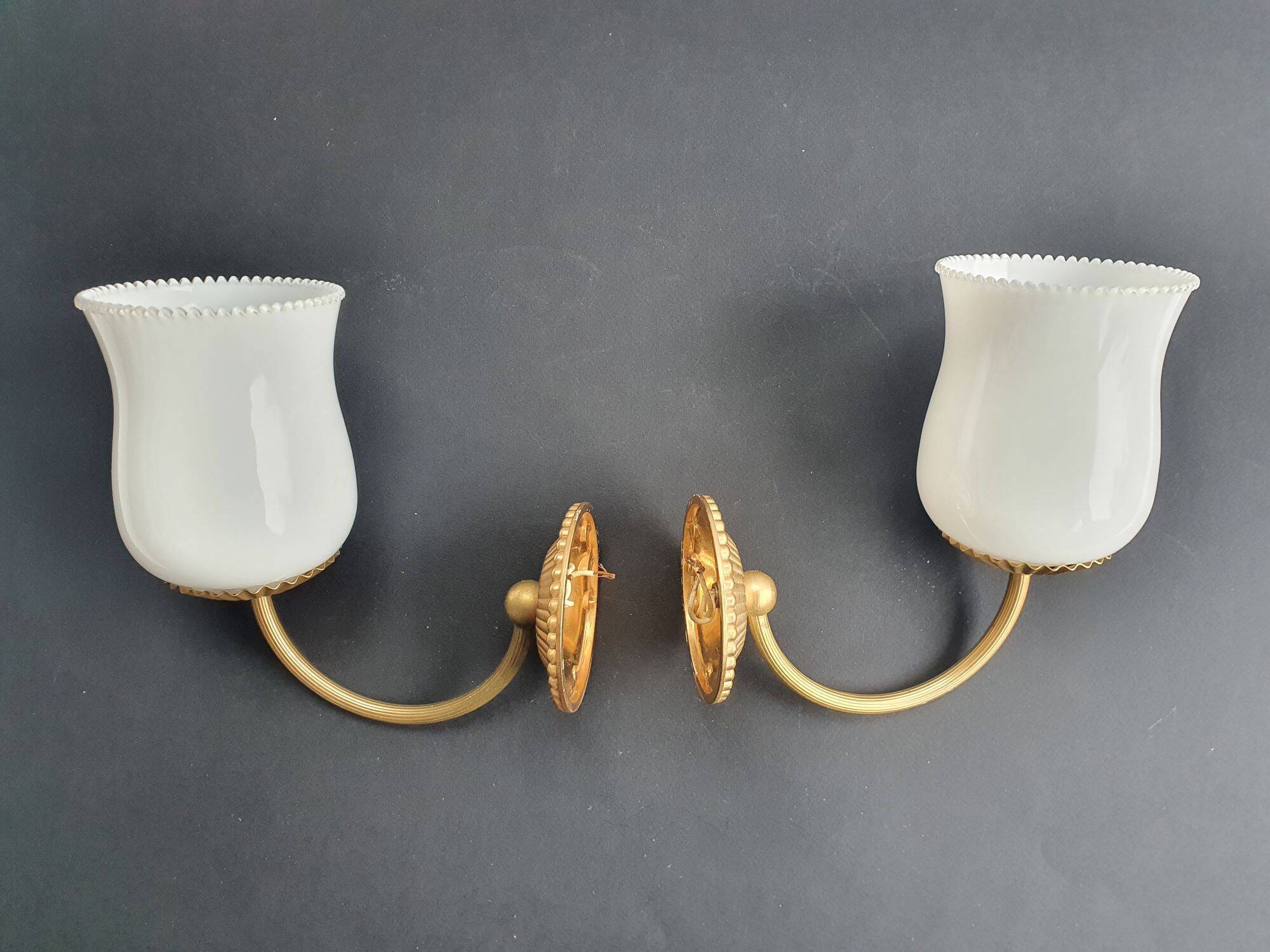 Pair of vintage gold-tone wall sconces with opaline glass globes