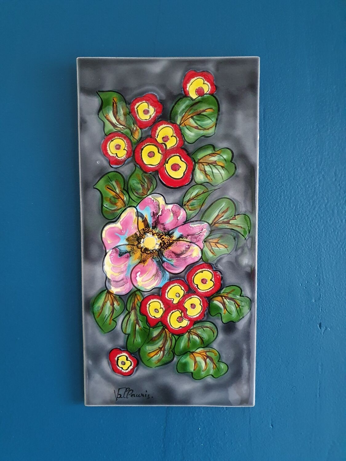 Wall plate tile / ceramic deco fleur vallauris hand painted france
