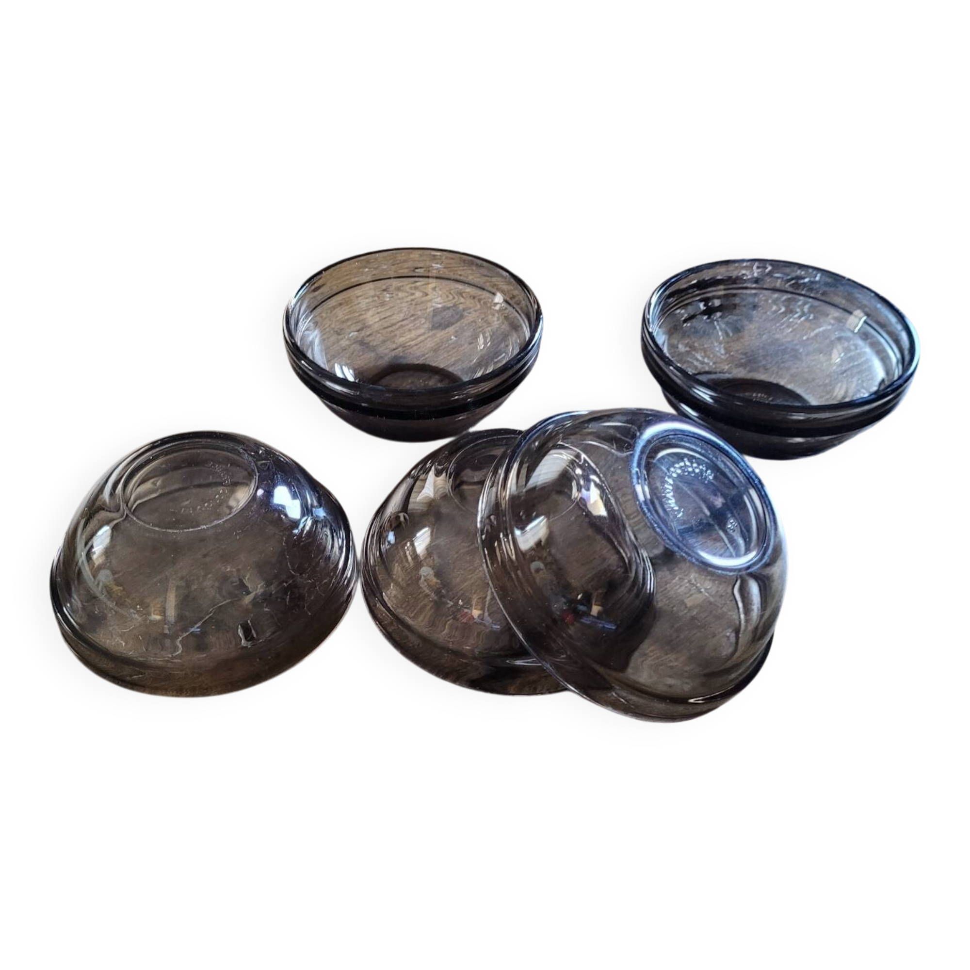 5 Arcoroc smoked bowls, stackable tempered glass, 1970s