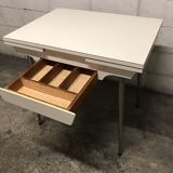 Off-white formica table / 70s cream with a tapered foot drawer