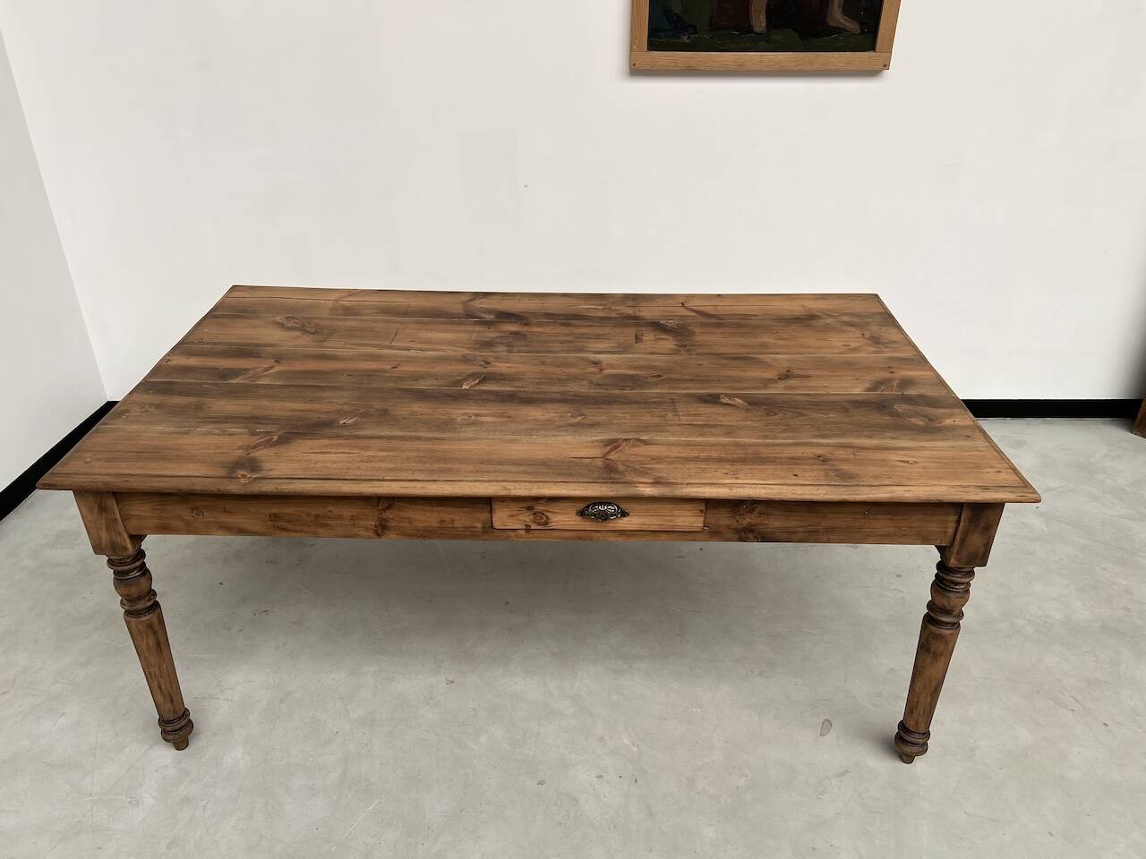 Antique farm table from the 1950s, with 3 drawers and turned legs