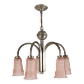 Art Deco Chandelier with Etched Pink Glass Shades, 1930s