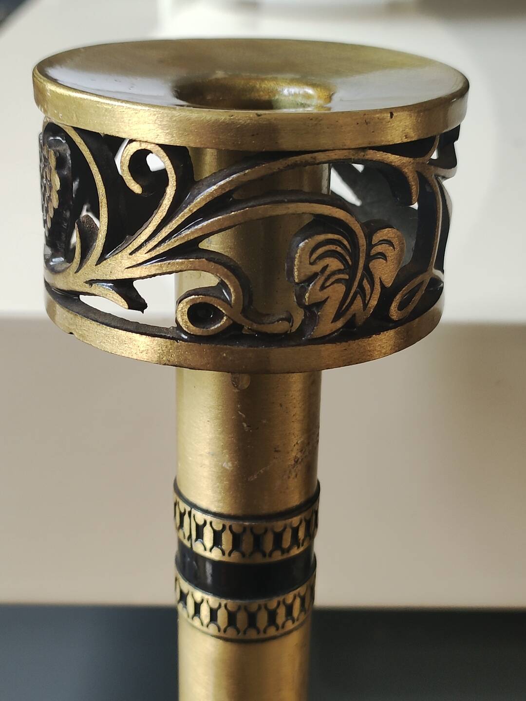 Pair of Hebrew Candlesticks. In antique gold-plated brass. Signed FFS Israel