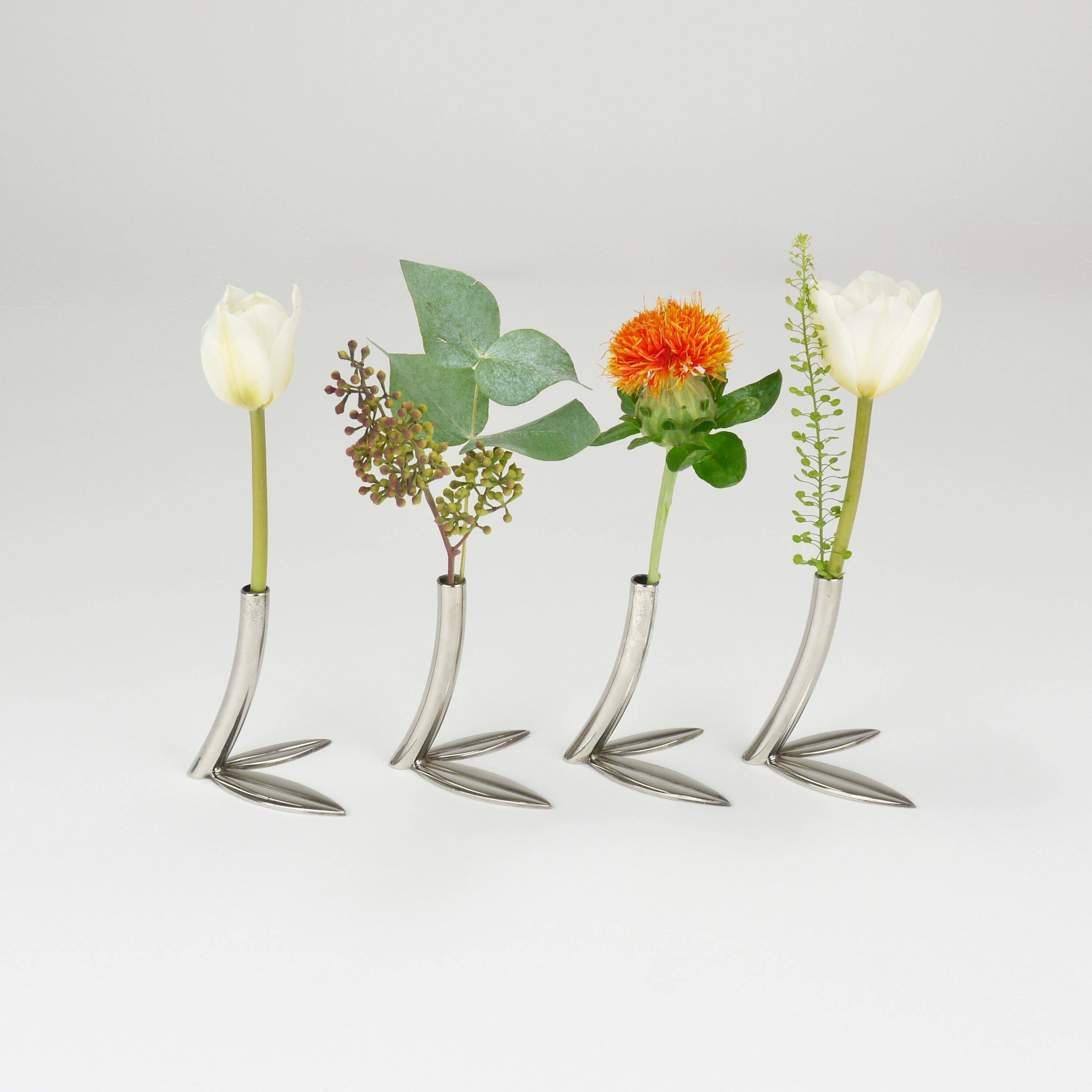 Werkstätte Hagenauer Up to 6 Soliflore Vases Leaf, Brass & Nickel, Vienna, 1960s