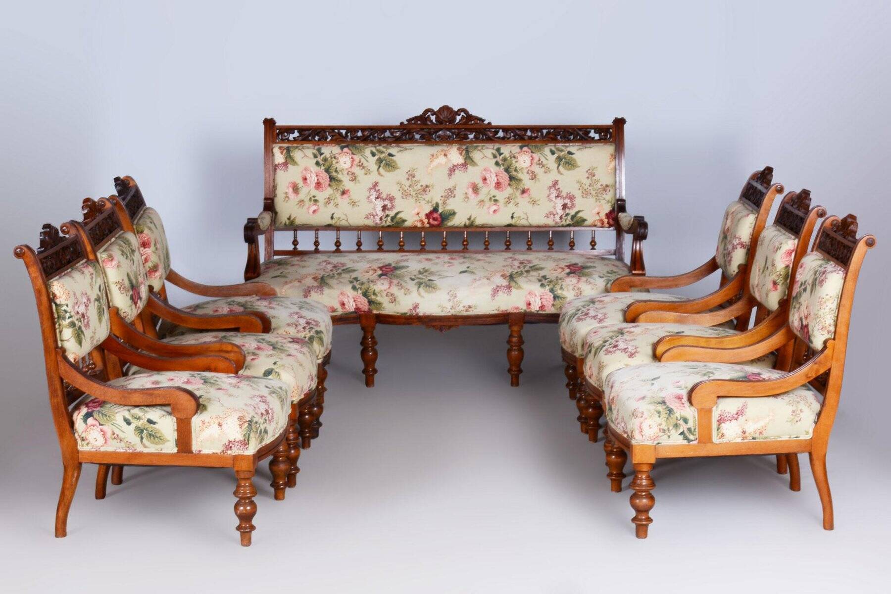 Czech Living Room Set in Beech and Walnut, 1890s, Set of 7