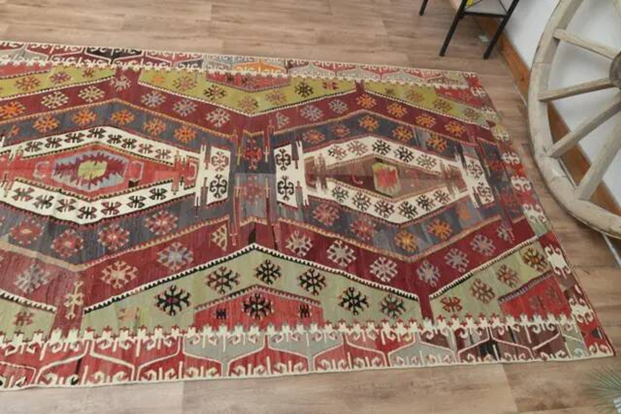 1970s Vintage Turkish Handmade Wool Cotton Colorful Kilim Rug 157x365