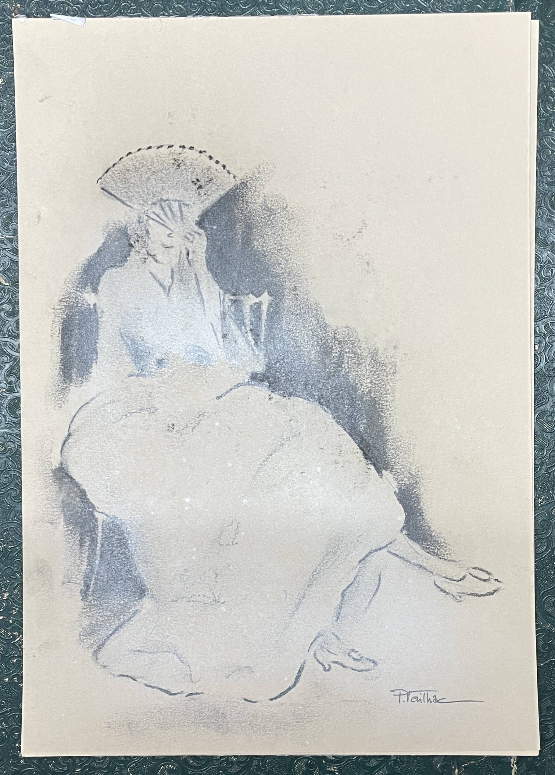 Tableau signé fusain « femme à l’éventail »