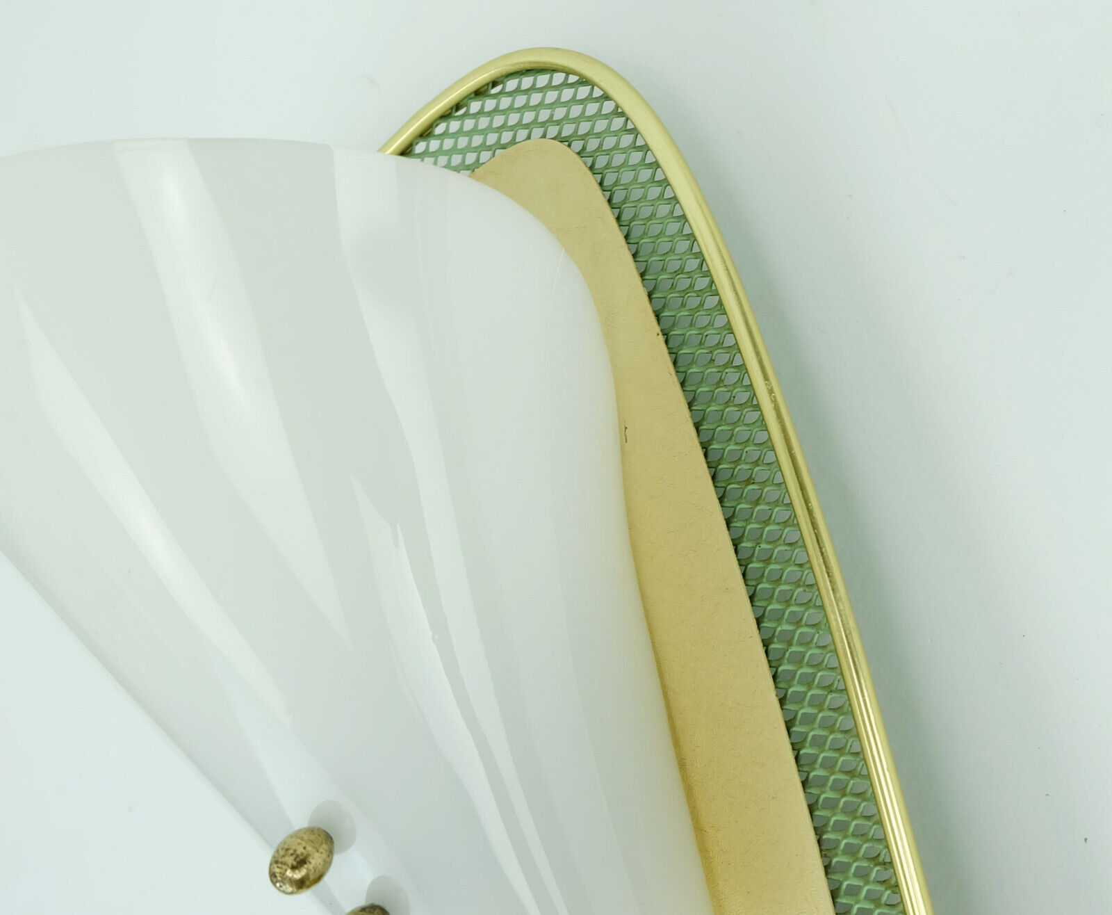 1950s sconce green metal mesh and brass with white acrylic shade