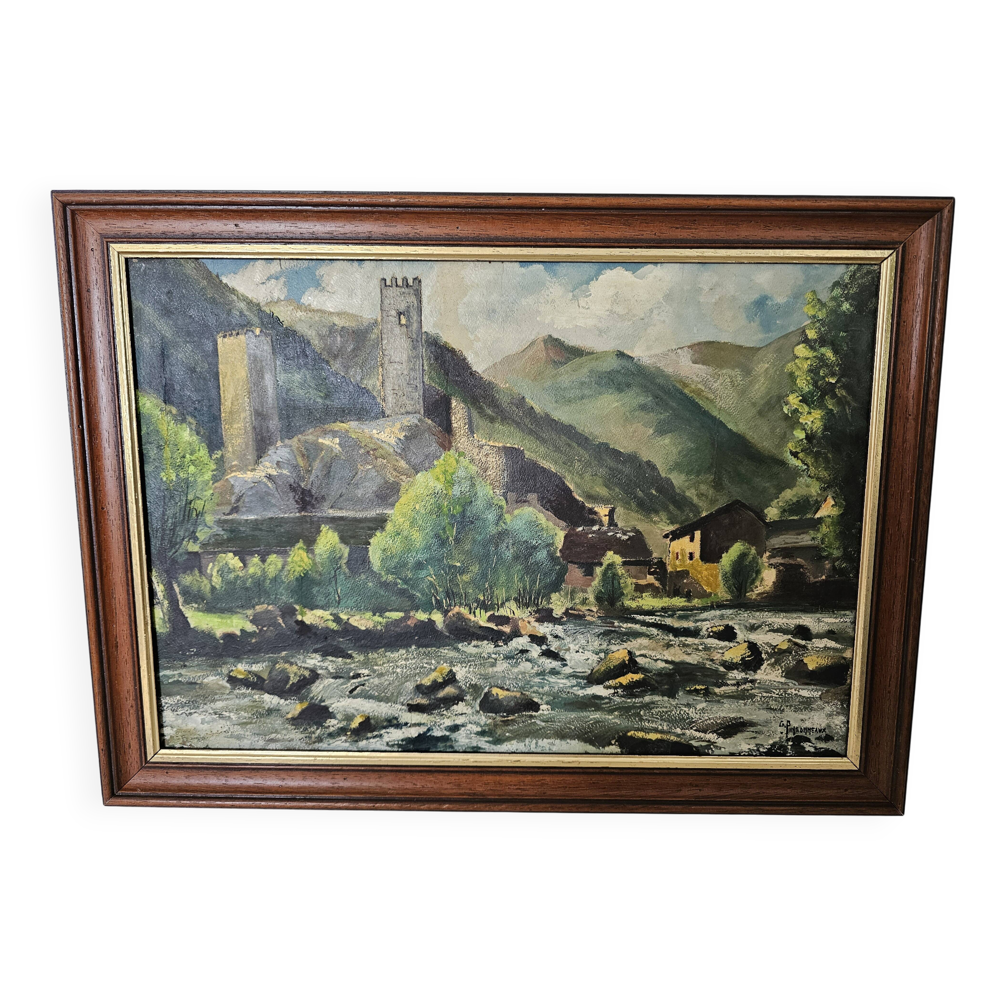 Painting - Oil on panel Mountain landscape river signed Gabriel Pinson
