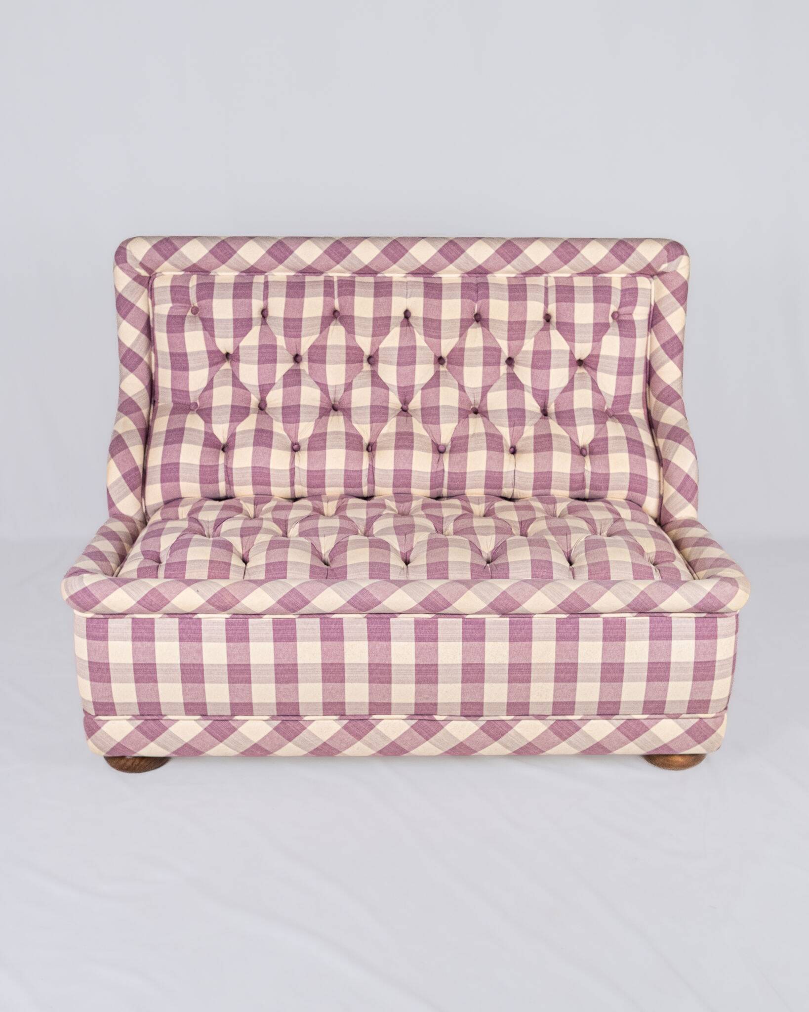 Upholstered bench in mauve and cream Vichy fabric, France, 1970s