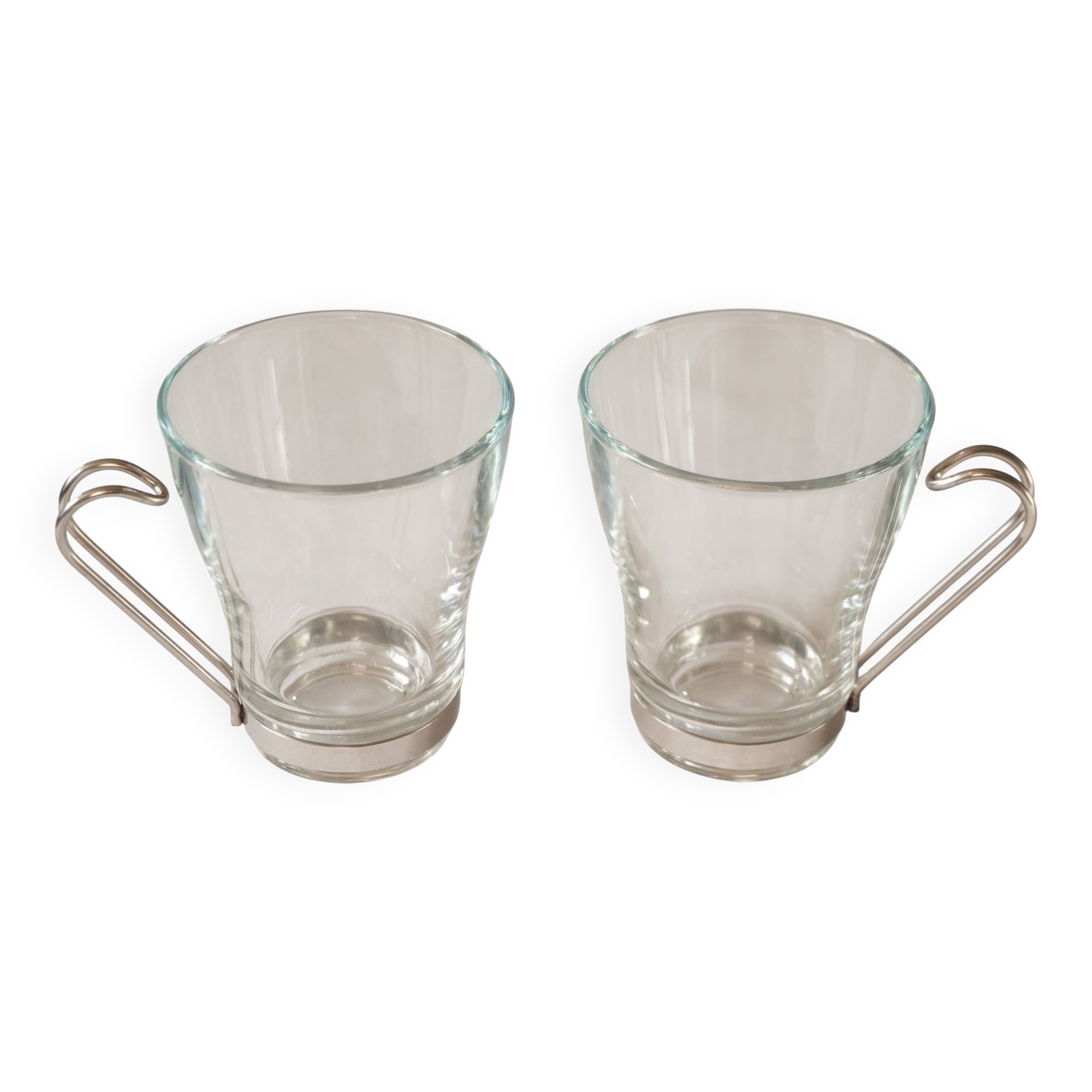 Set of 2 cups, glass and metal stand, Bormiolo Rocco, Italy