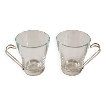 Lot de 2 tasses, verre et support en métal, Bormiolo Rocco, Italie