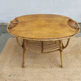 4 armchairs and a coffee table made of rattan and bamboo wood, vintage.