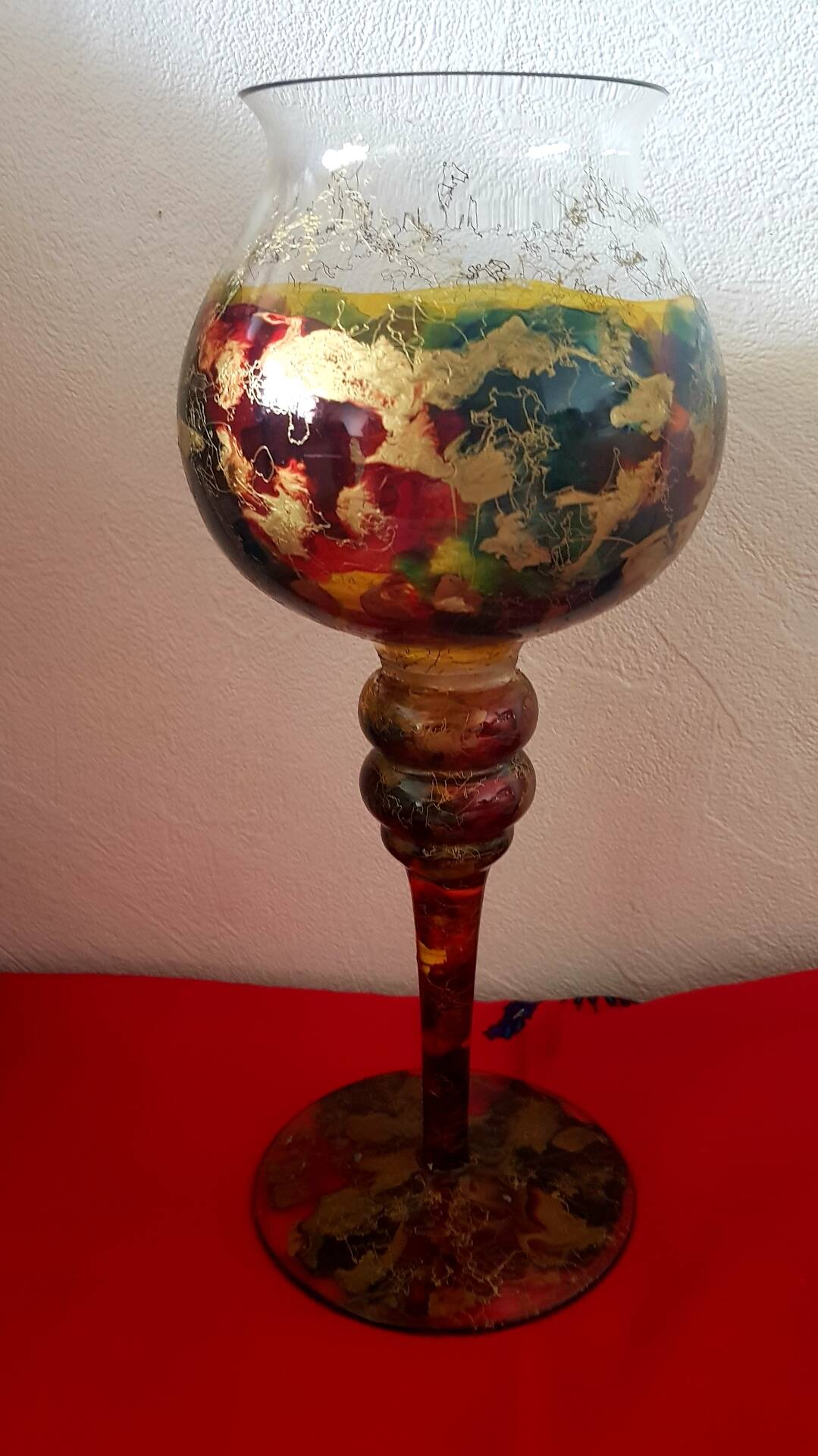 Bougeoir en verre peint a la main,d'années '90