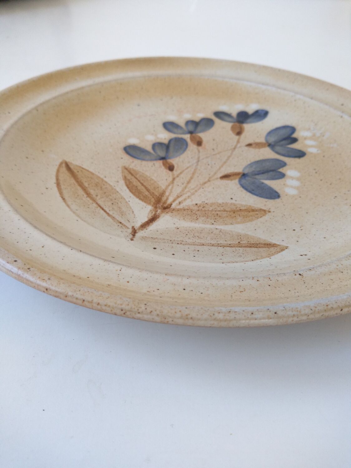 Flat plate in Marais sandstone France beige with blue, white and brown floral decoration
