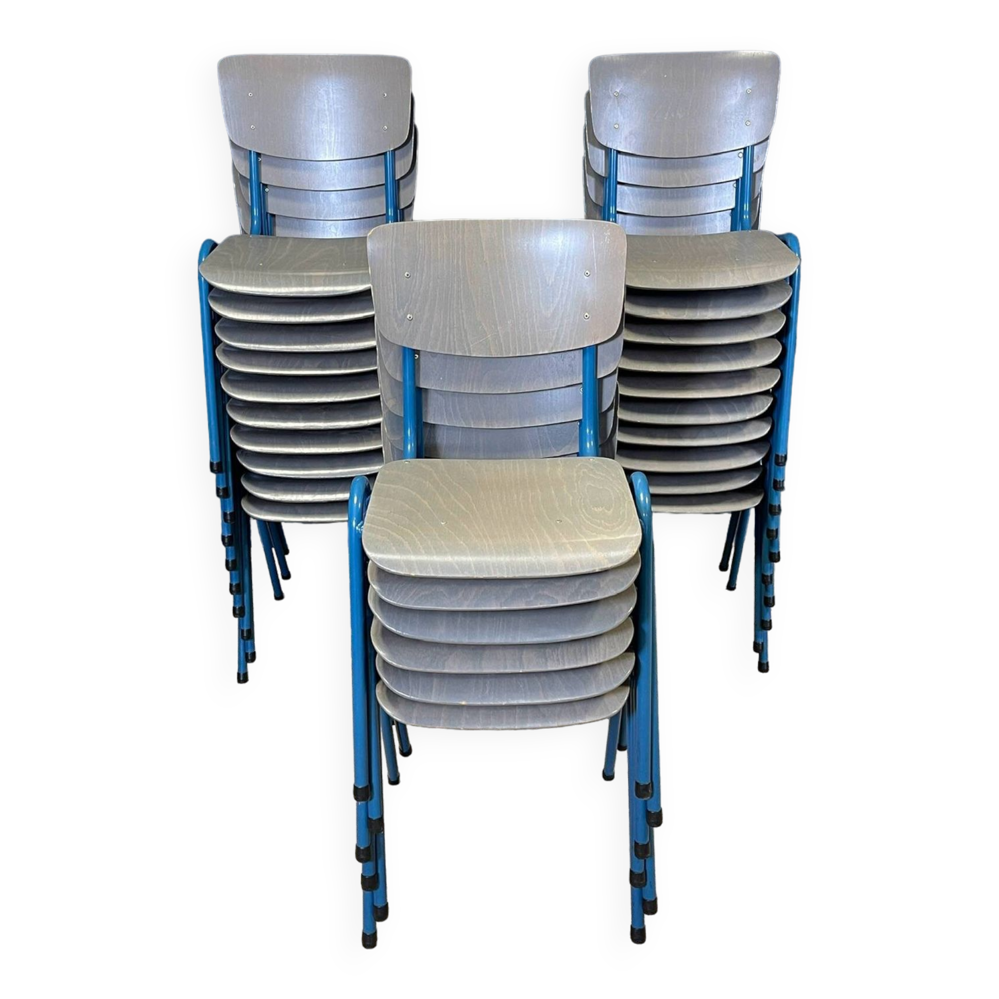 Lot of 25 gray wood school chairs with blue feet Netherlands 70s/80s