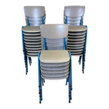 Lot of 25 gray wood school chairs with blue feet Netherlands 70s/80s