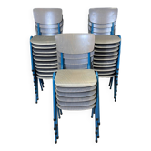 Lot of 25 gray wood school chairs with blue feet Netherlands 70s/80s