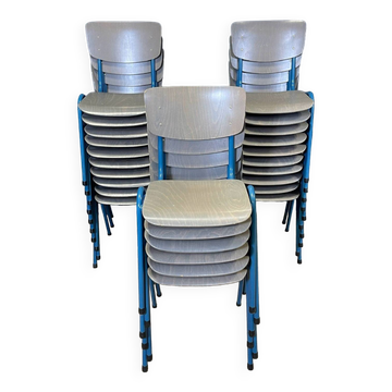 Lot of 25 gray wood school chairs with blue feet Netherlands 70s/80s