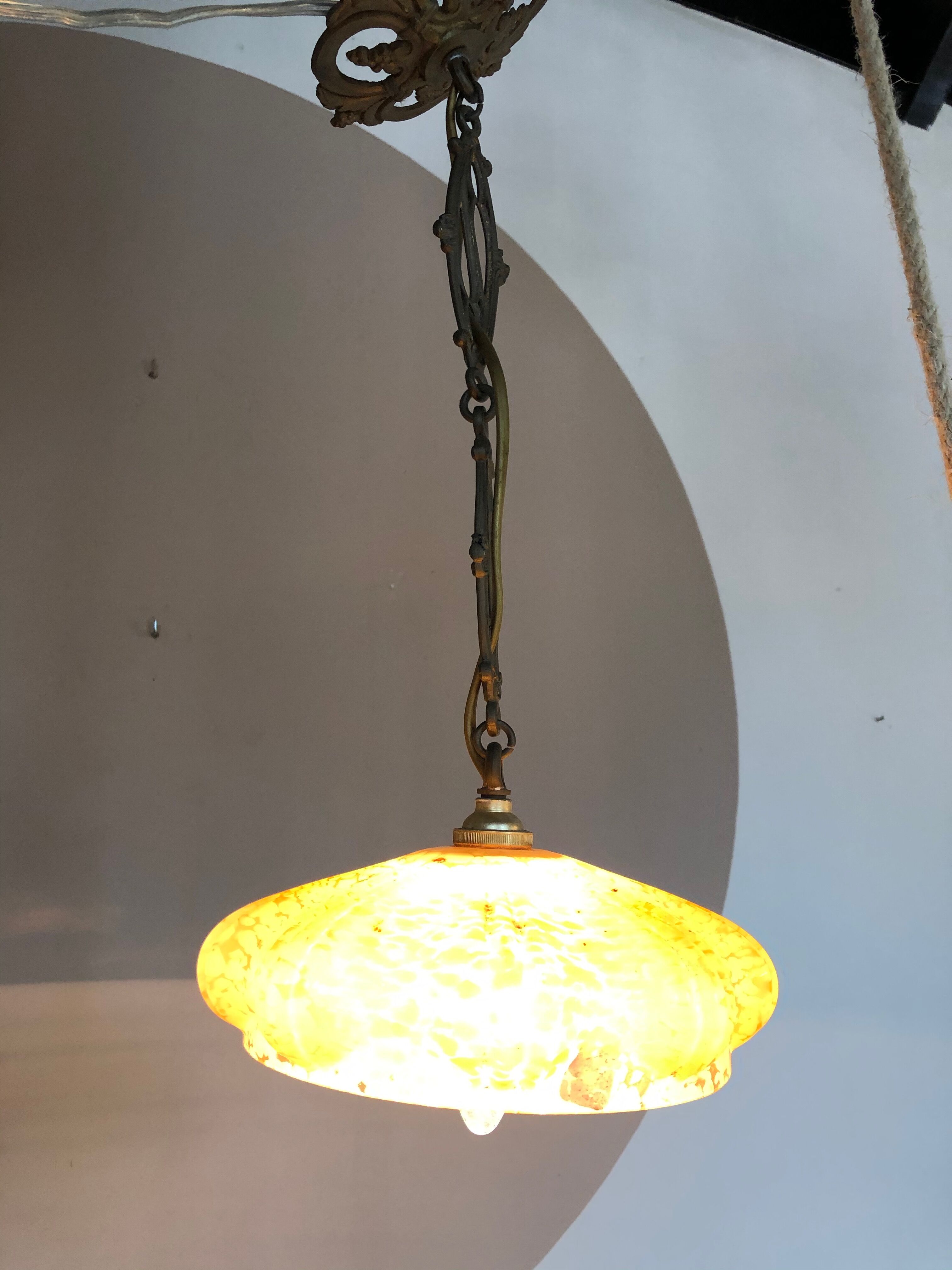 Orange ochre coloured antique glass hanging lamp