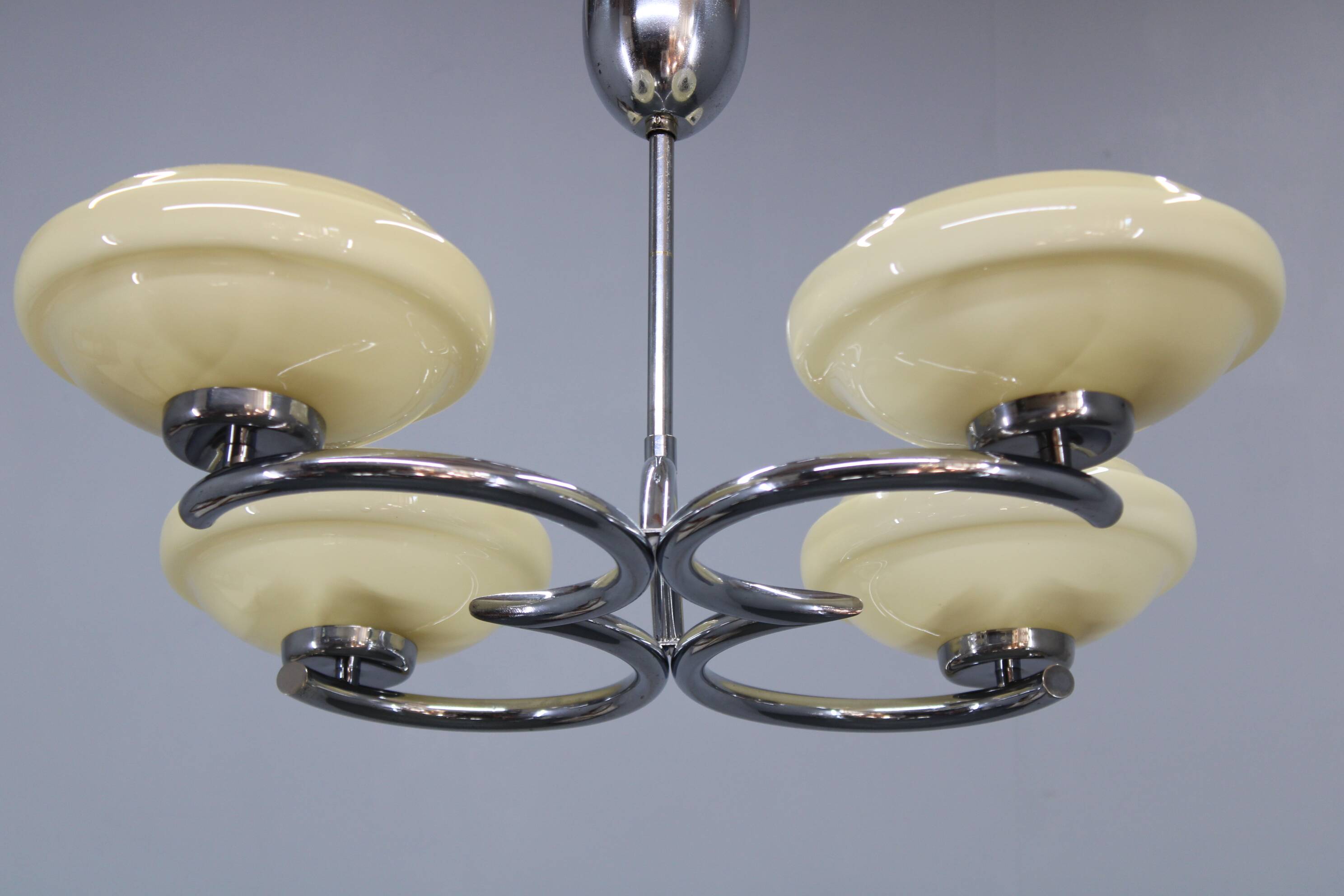 Art Deco chrome chandelier with cream opaline shades, Czechoslovakia, 1940s