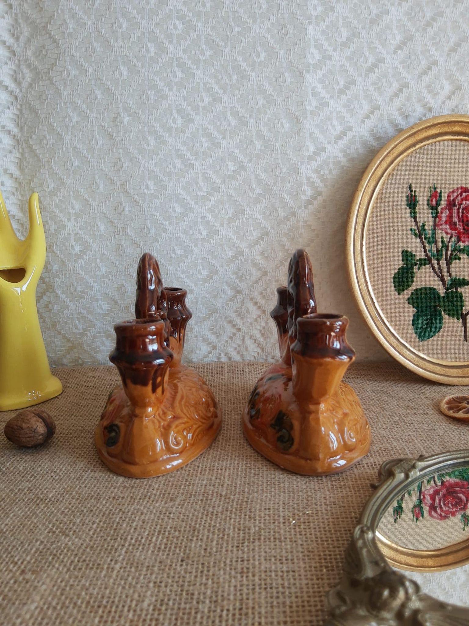 Paire de bougeoirs double barbotine - vintage