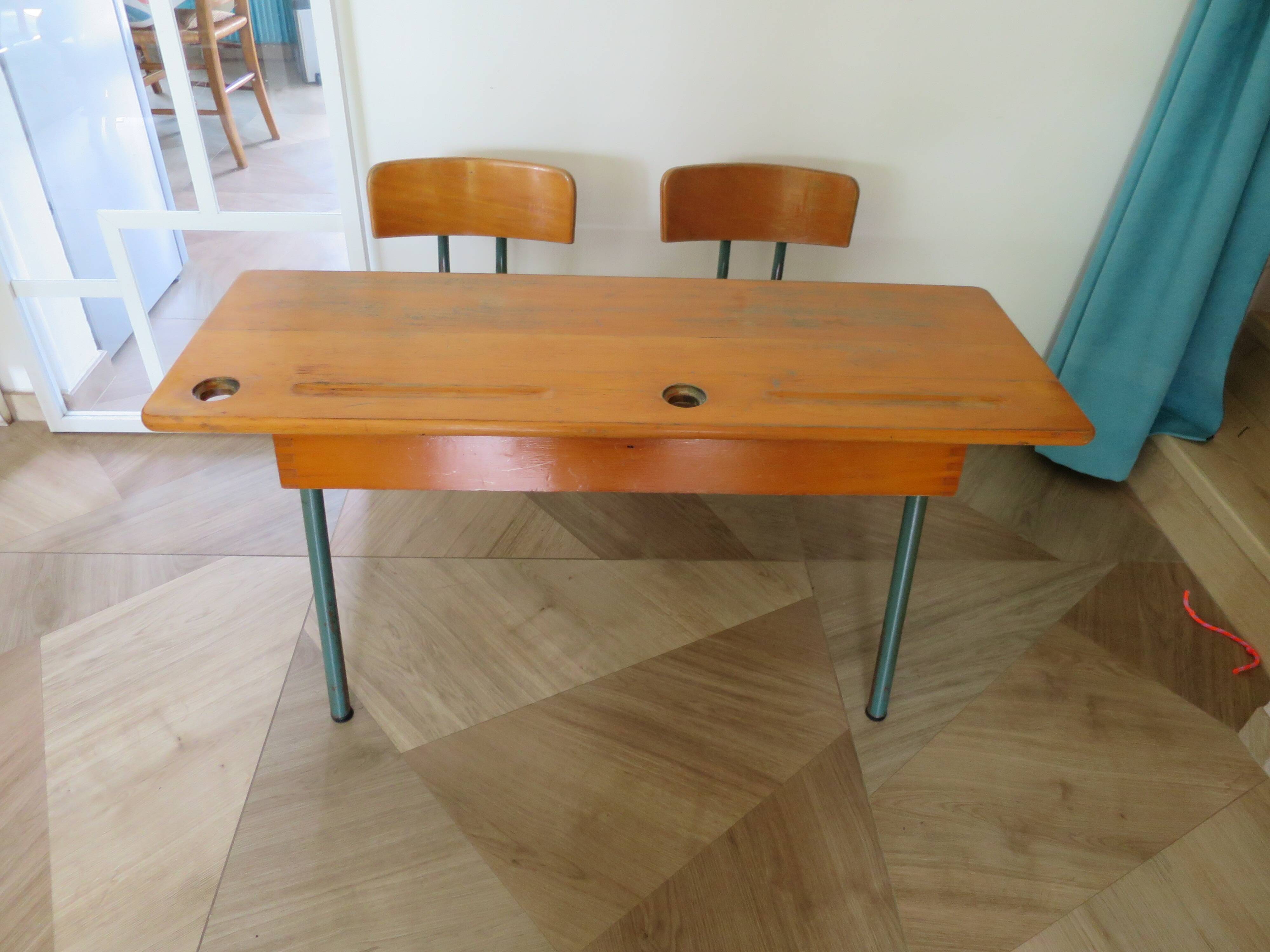 Bureau d’écolier vintage en bois et métal - Bureau double