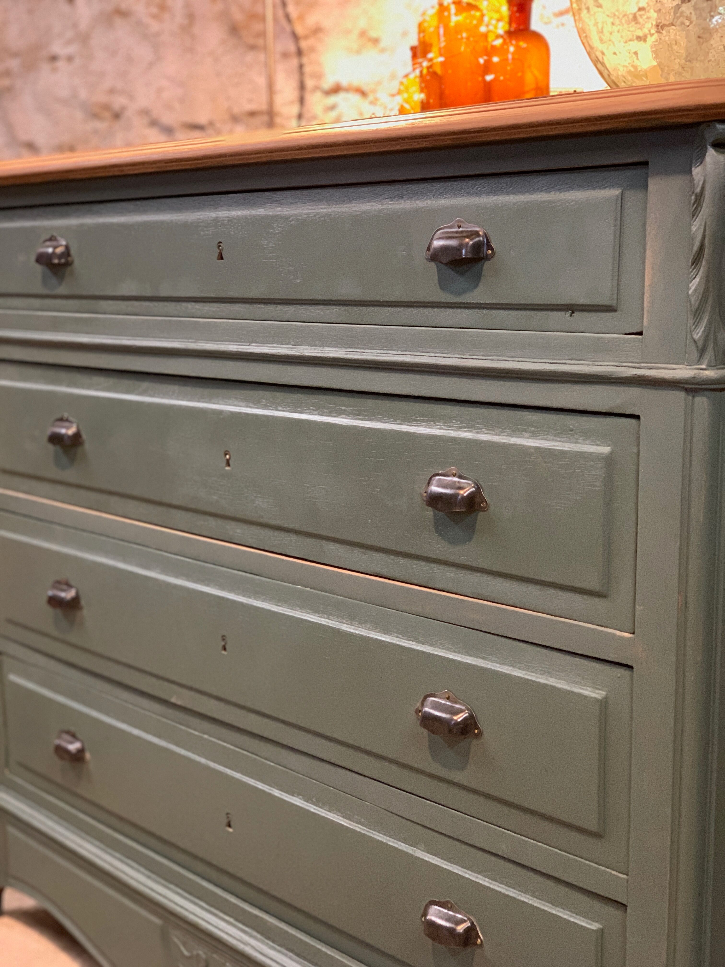 Old olive green oak chest of drawers