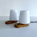 Paire de lampes scandinaves vintage, bois et verre