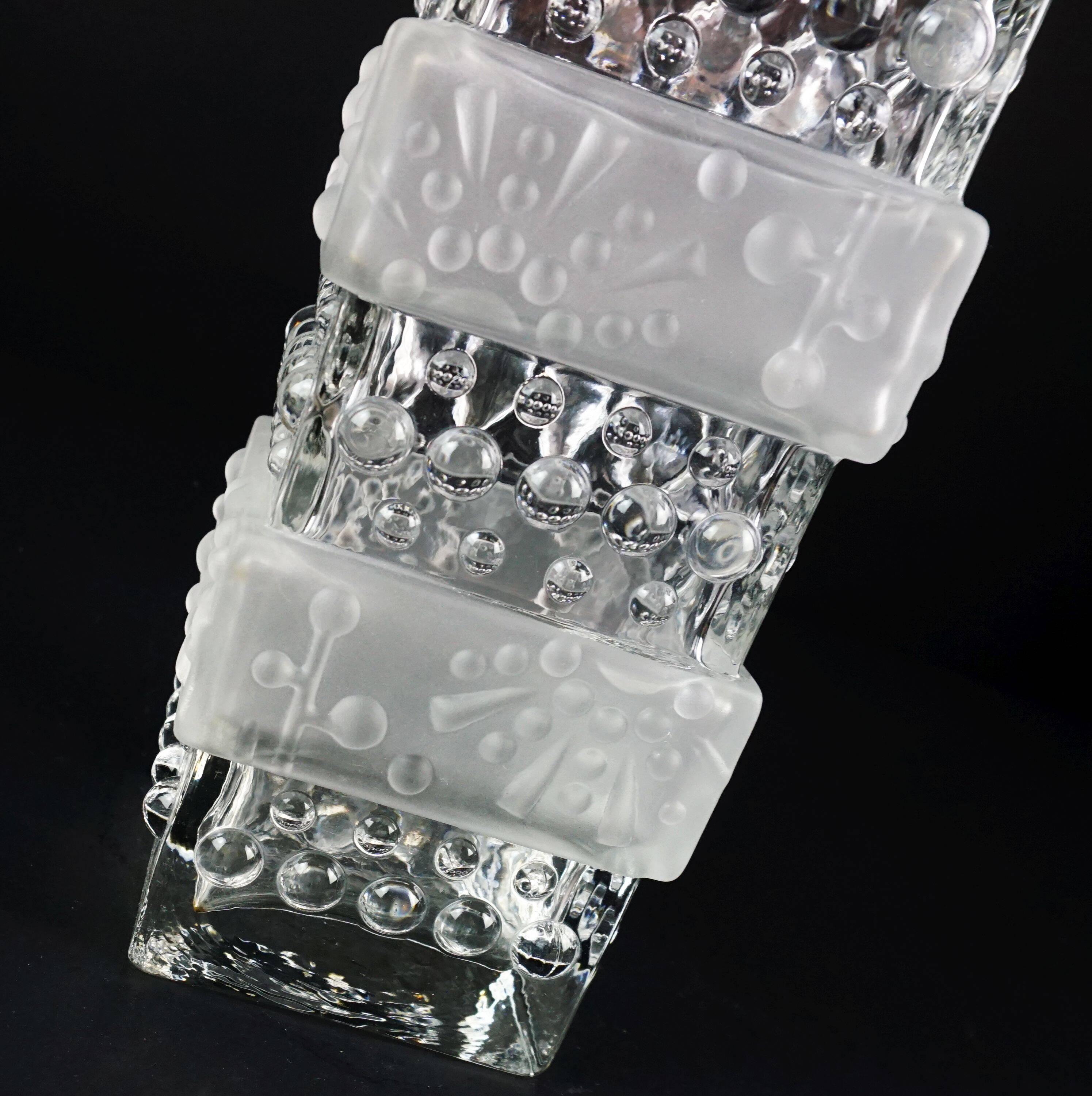 Vintage glass vase, block vase, textured surface, relief decoration