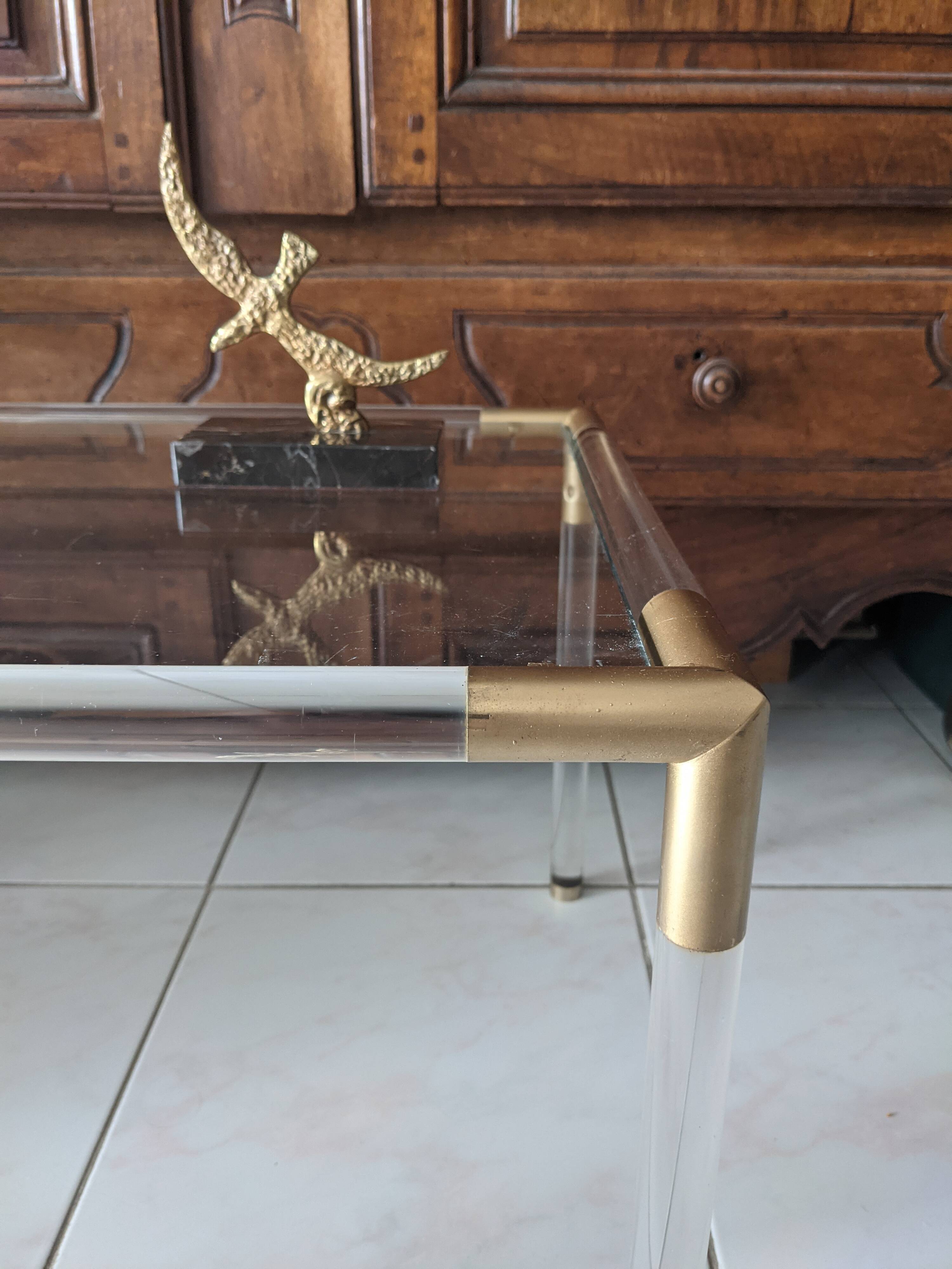 Vintage coffee table in plexiglass, glass and gold metal 1970